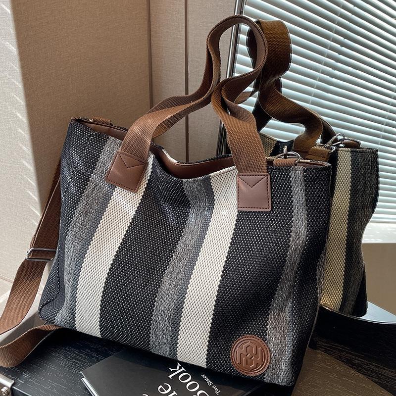 Canvas Bag Striped Tote Bag New Women's Bag Sweet Contrasting Color Handbag Crossbody Bag Large Capacity