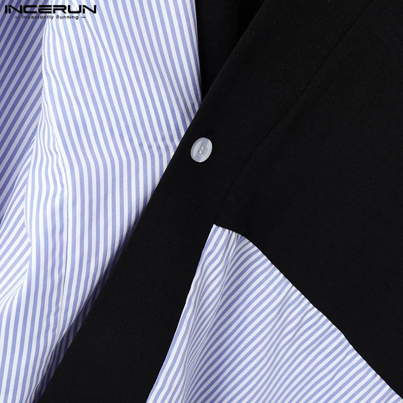INCERUN Men V Neck Long Sleeve Front Cross Striped Patchwork Casual Irregular Shirts Tops