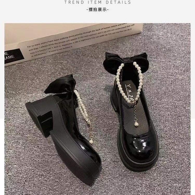 Весенне-осенняя корейская мода на толстом каблуке с толстой подошвой, нескользящие повседневные туфли Мэри Джейн с бантом и жемчугом