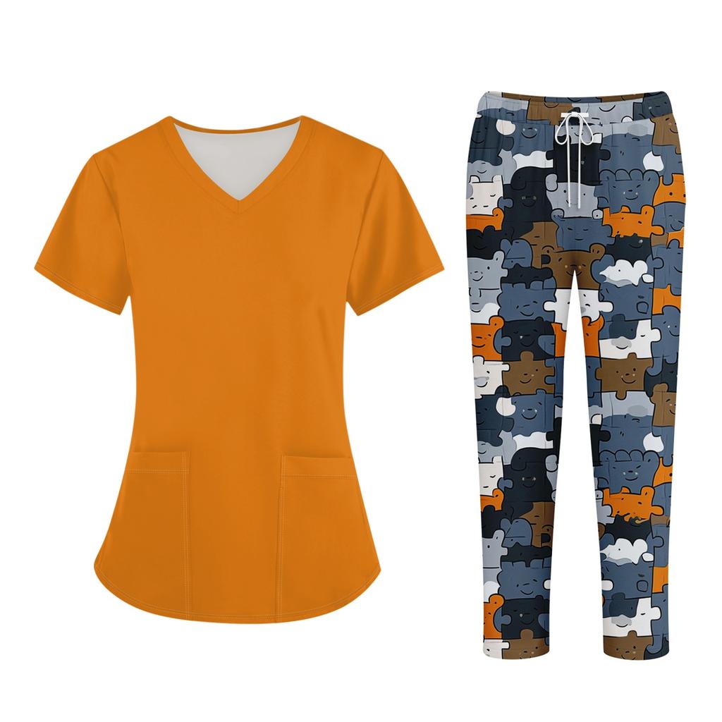 Плюс размерСкраб с принтом Рабочая форма Топы для женщин Крест V-образным вырезом Хэллоуин Принт с короткими рукавами Забавные футболки Спецодежда Футболка с карманами