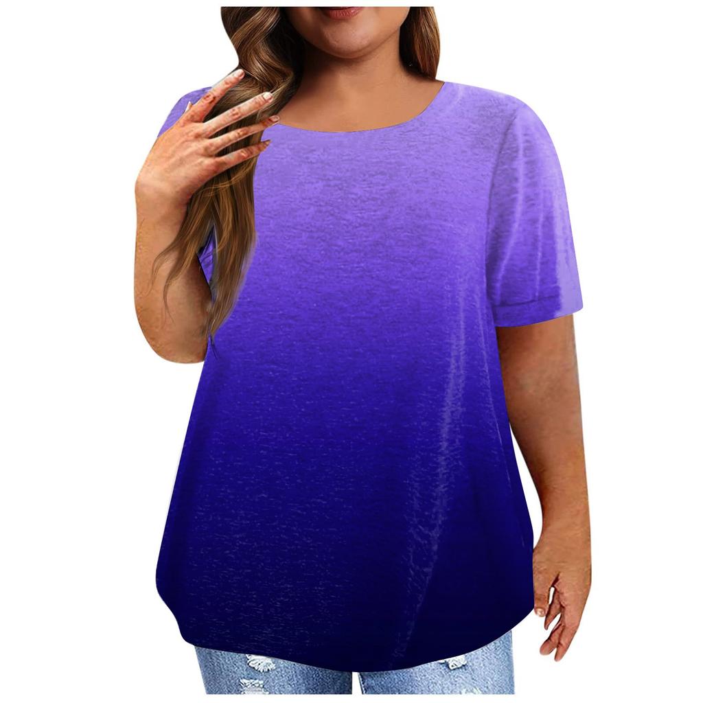 Женская винтажная плиссированная повседневная футболка с градиентом и коротким рукавом, пуловер больших размеров, базовый топ