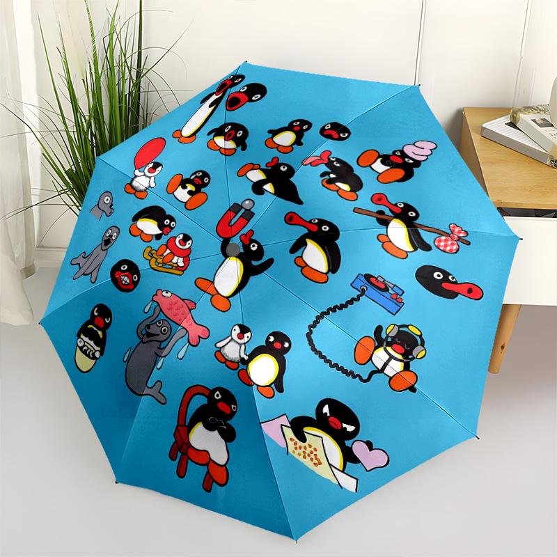 1 PC Automatic Folding Umbrella - Pingu Pattern Portable Foldable Design With 8 Ribs Christmas Birthday Gifts