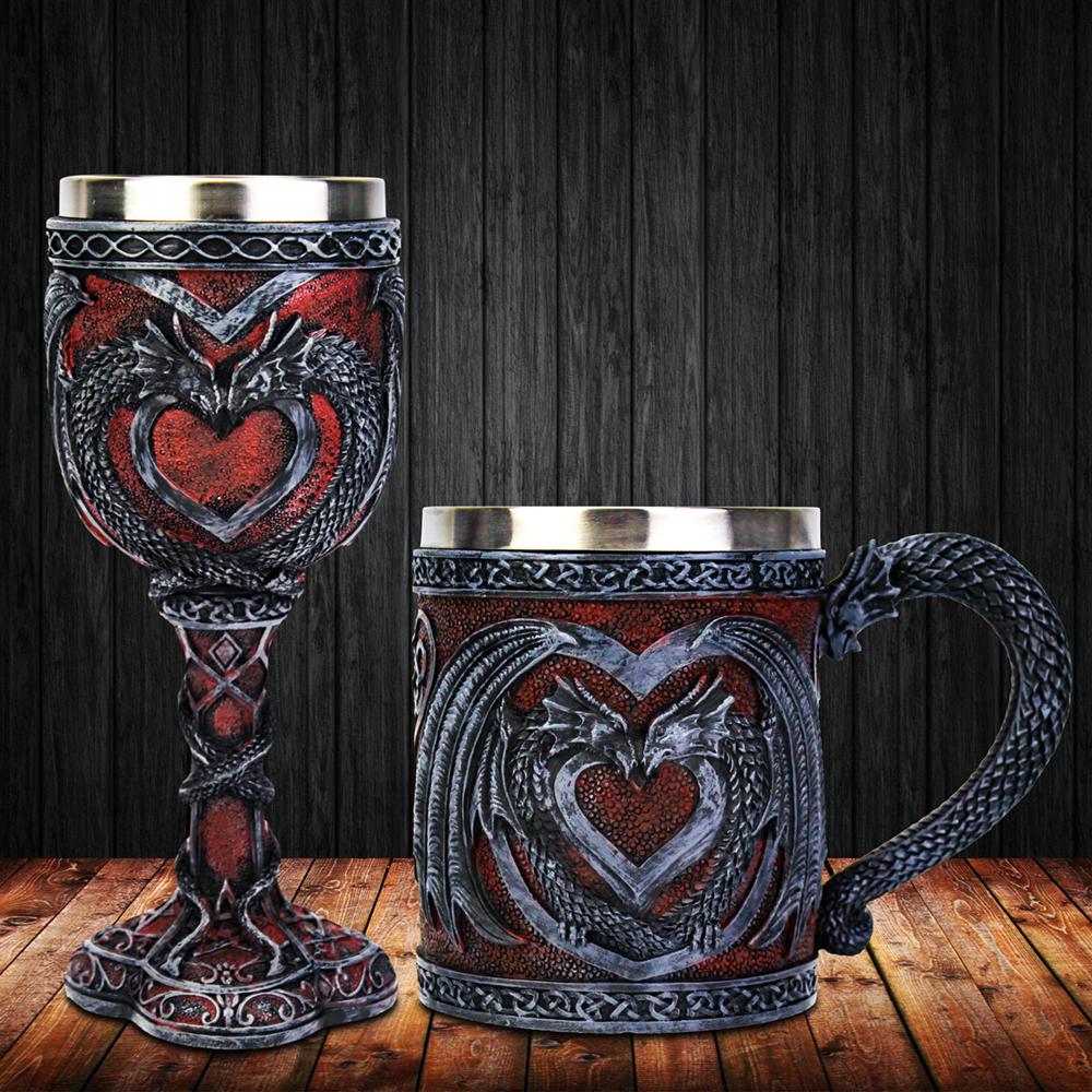 Medieval Double Dragon Wine Goblet Stainless Steel Beer Cup Drinking Vessel Double Dragon Heart Goblet/Mug Halloween Gift