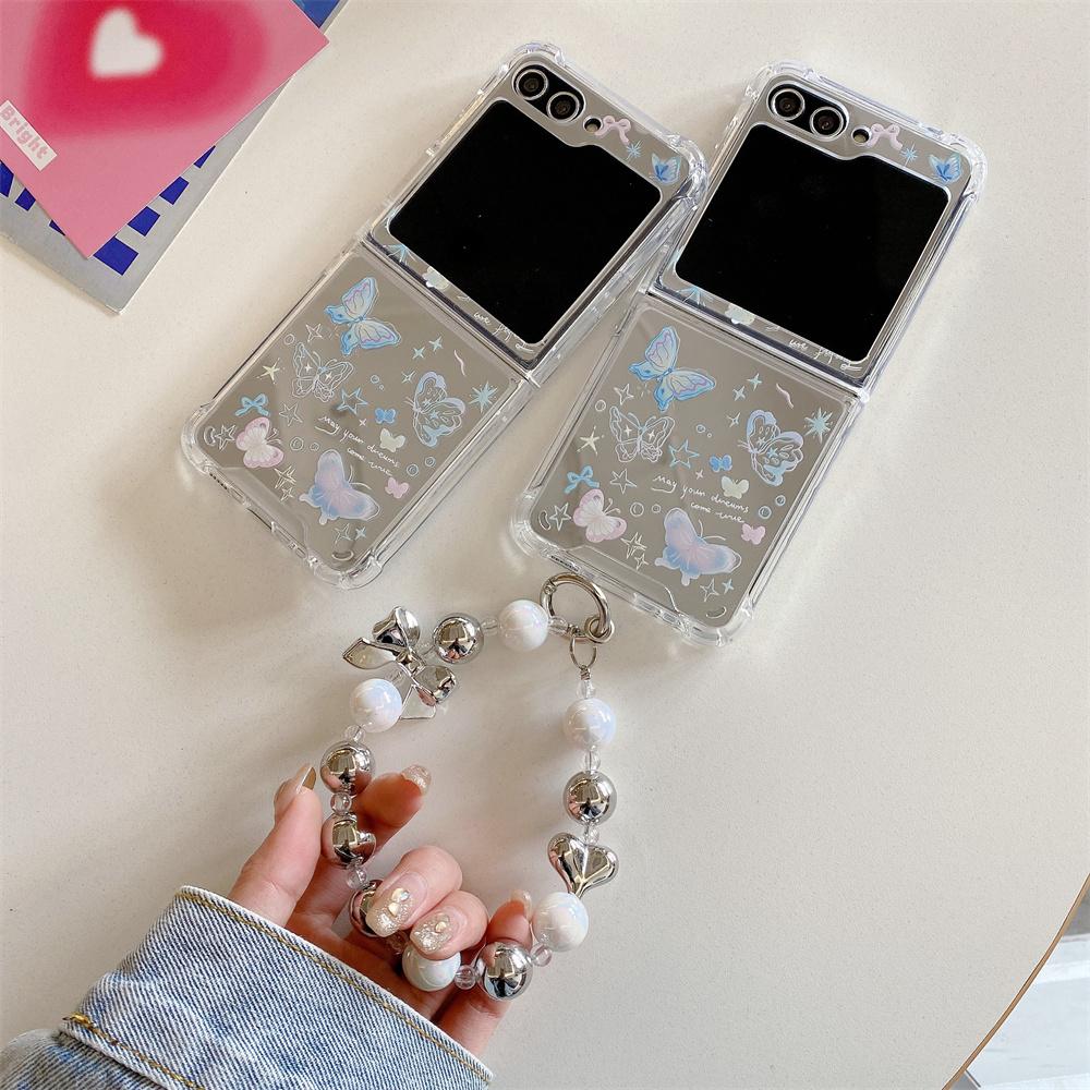 Cute Cartoon Butterfly Bracelet Case for Samsung Galaxy Z Flip 5 4 3 6 Flip5 Flip4 Cat Dog Mirror Make Up Wrist Chain Cover