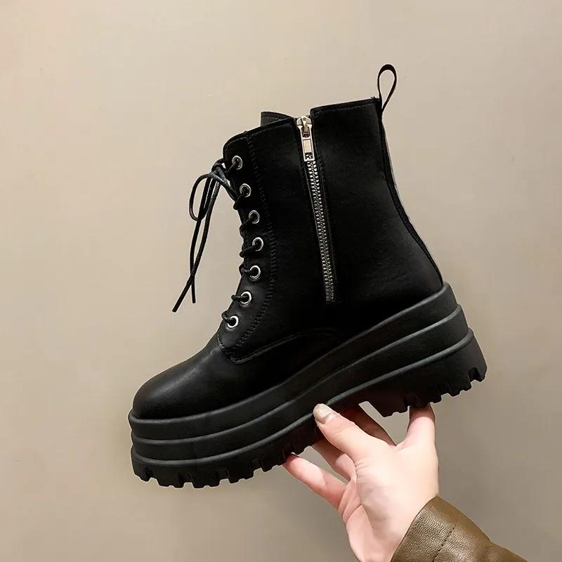 Fashion Women's Fashion Boots Thick Sole High Heels Trifle Base Side Zip Black Boots Outdoor Women's Shoes Commuting Spring and Autumn
