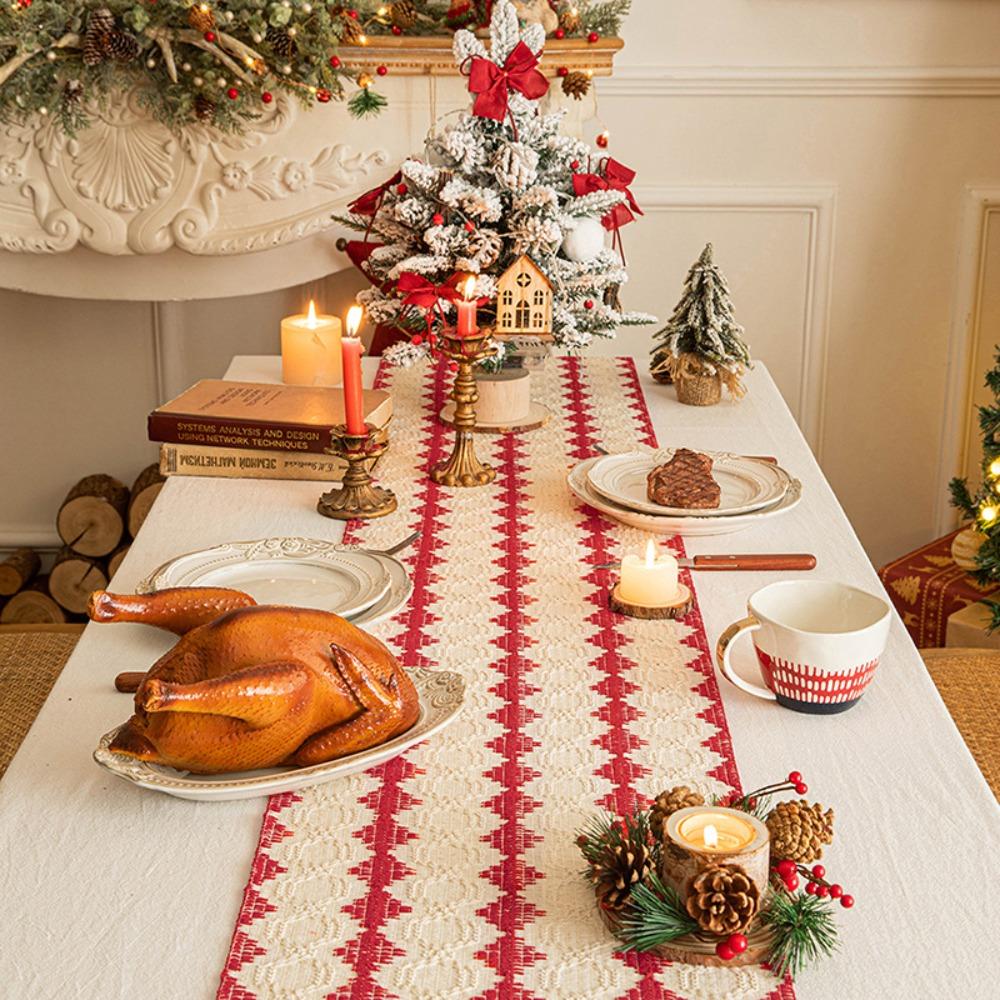 New Year Red Table Runner Knitted Fabric Creative Christmas Tablecloth Dining Table Decoration