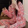 Golden Velvet Women's Cat Pajama Set – Spring/Autumn, Long Sleeve, Plus Size, Warm, Cardigan, Red Pattern.