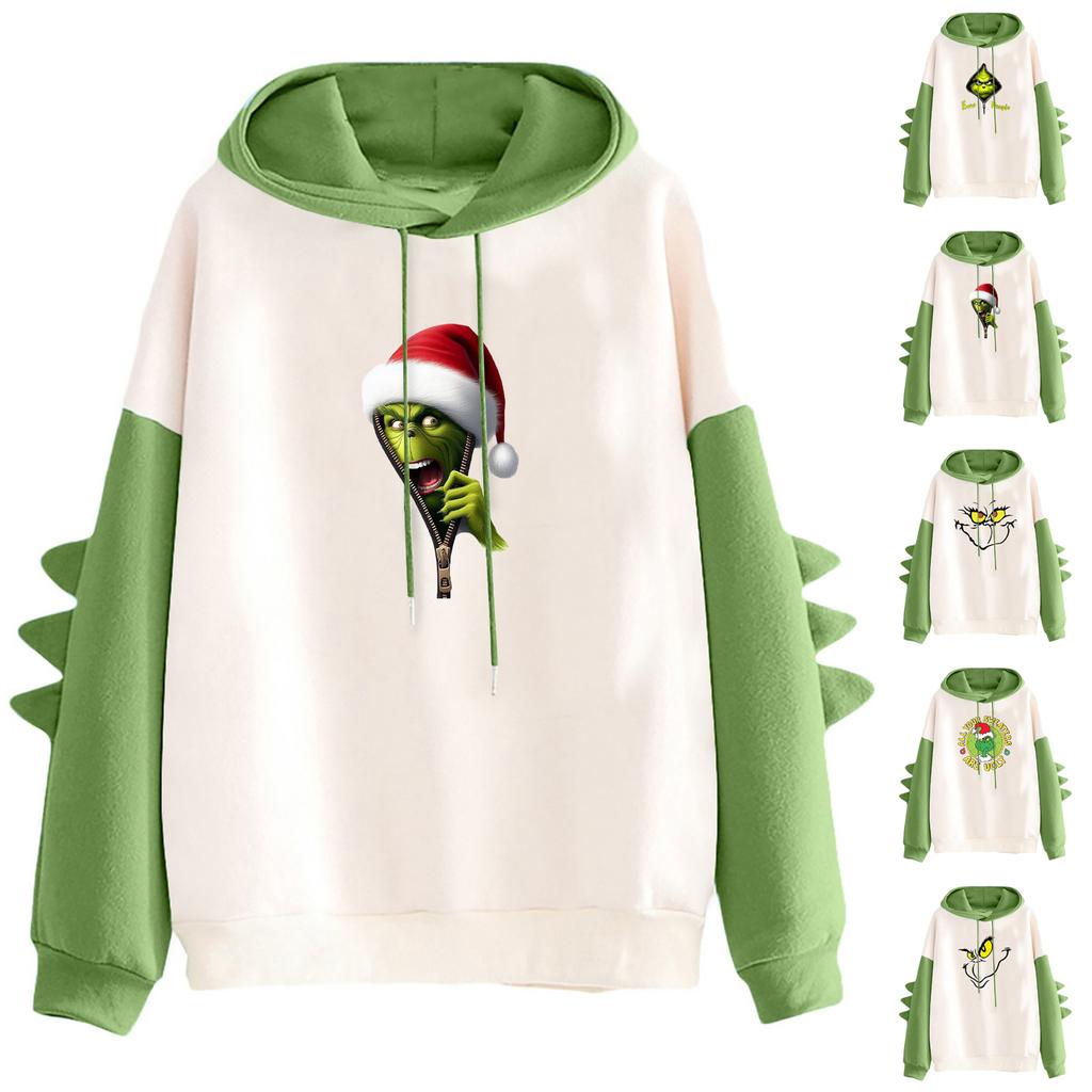 Women's Christmas Printed Contrasting Dinosaur Loose Casual Hoodie