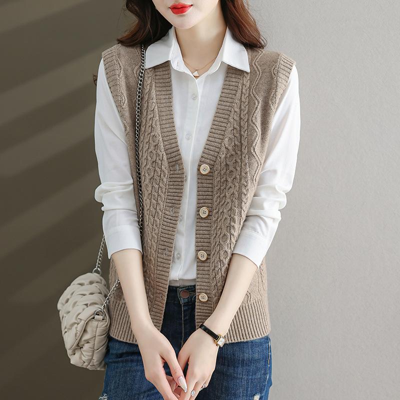 Женский шикарный трикотажный жилет из полиэстера | Жилет-свитер с V-образным вырезом и косами | Однотонный трикотаж без рукавов | Модный многослойный топ на осень/зиму