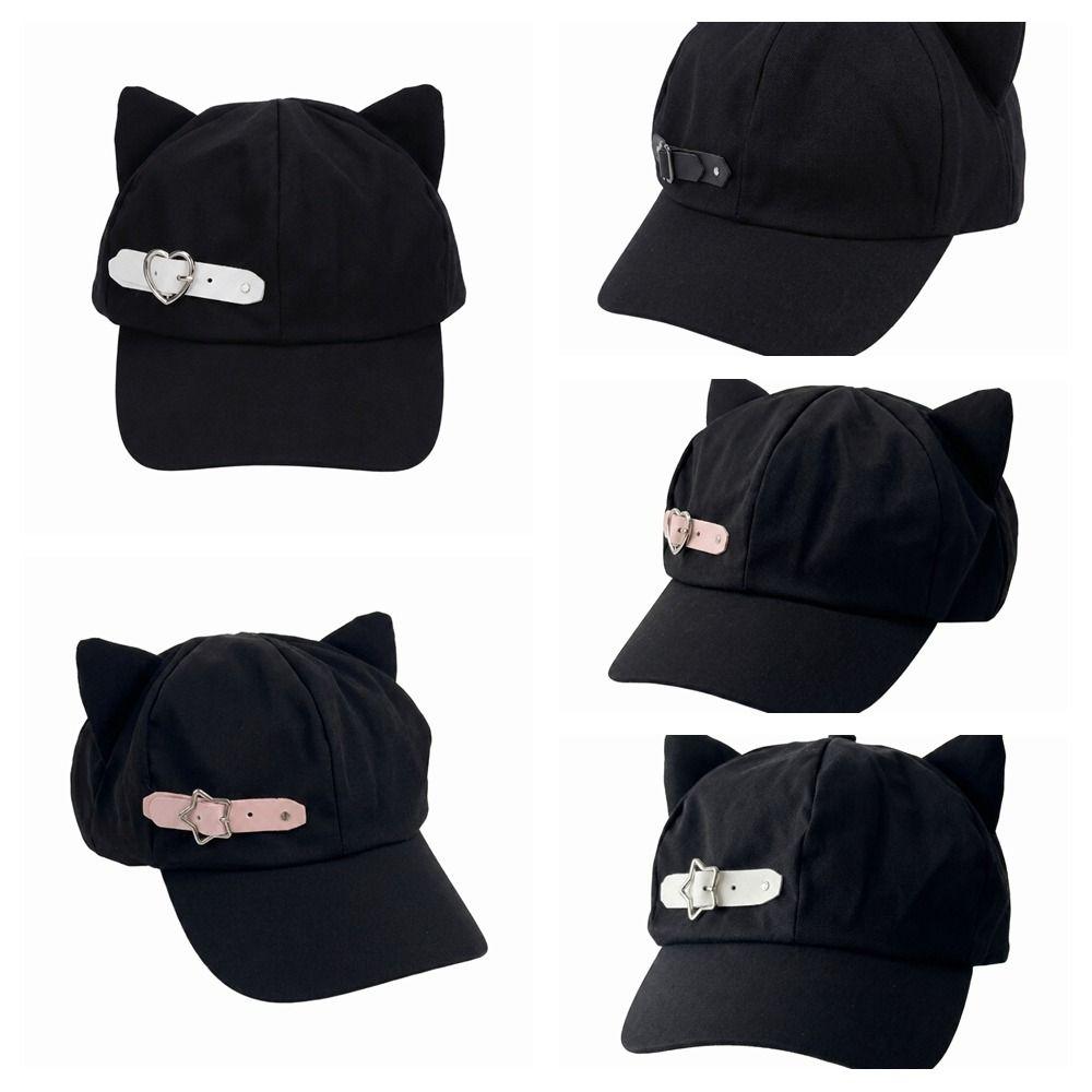 Black Newsboy Cap Gothic Octagonal Hat Casual Cat Ears Beret Women