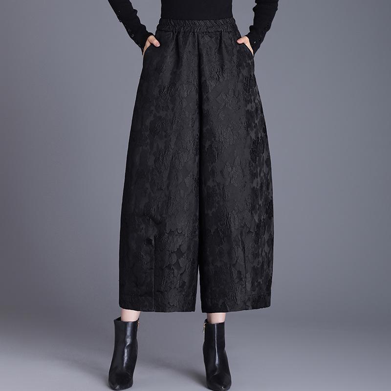 Women's Fleece-Lined Embossed Jacquard Wide-Leg Cropped Tulip Pants - Plus Size, Autumn/Winter, Casual Bootcut, High Quality