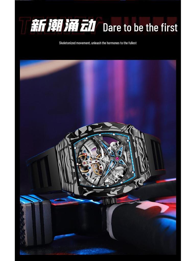 Водонепроницаемые мужские механические часы Durham Yao - Корпус из сплава бочкообразной формы с дизайном из углеродного волокна и скелетонизированным циферблатом