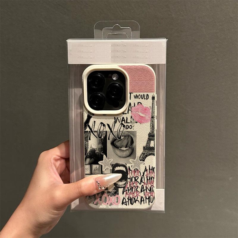 Stylish Lip Eiffel Tower Lichee Pattern Case For Samsung Galaxy S25 S24 Ultra S23 FE S22 Plus A56 A36 A16 A55 A35 A54 A53 Cover