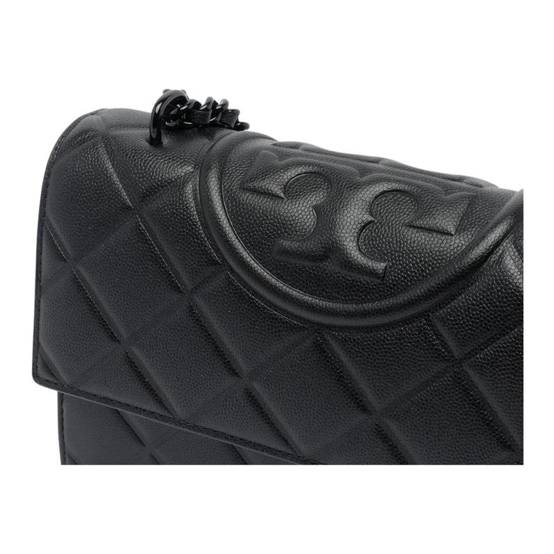 TORY BURCH Tang Libaiqi Fleming chain shoulder strap embossed logo leather shoulder bag small women's black 167773-001