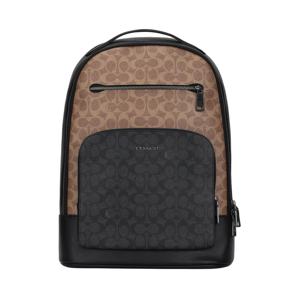 Coach Ethan 32 Color Block Design Metal Logo Zipper Closure Coated Canvas Leather Backpack Large Unisex backpack Brown Charcoal CZ392-QBXAH