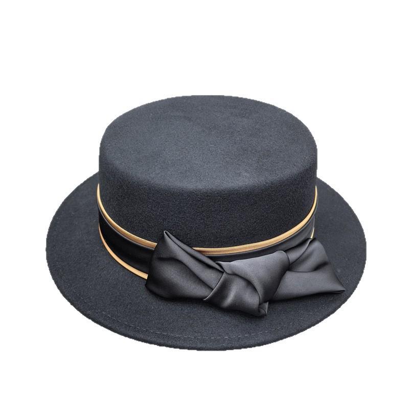 New woolen bow Hepburn style top hat female elegant flat top bucket hat French retro basin hat big eaves hat