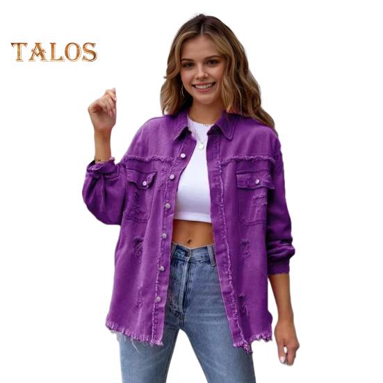 Женская джинсовая куртка в стиле ретро, однобортная, с рваными отверстиями, отложным воротником, длинными рукавами, однотонными карманами с клапанами, женское пальто для поездок на работу и шопинга