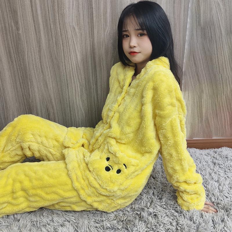 Фланелевые бархатные пижамы женские осенне-зимние корейские Kawaii милые утолщенные теплые мягкие пуловеры с v-образным вырезом с длинными рукавами из двух предметов домашняя одежда