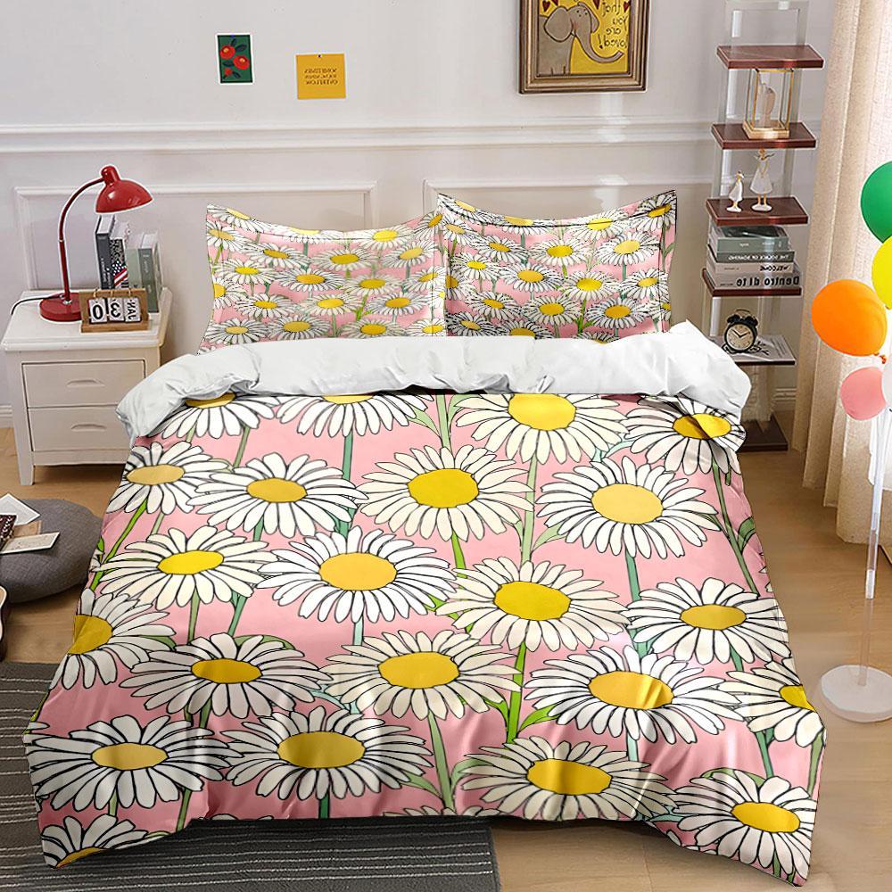 Daisy Floral Pink Background Bedding Duvet Cover Set (1*Duvet Cover 2*Pillowcases, without duvet insert)