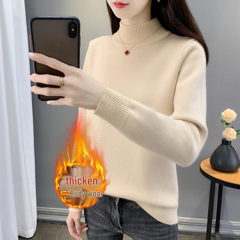 Women's Plus Size Velvet High Neck Knitwear: Slim Fit Autumn/Winter Warm Base Layer Sweater