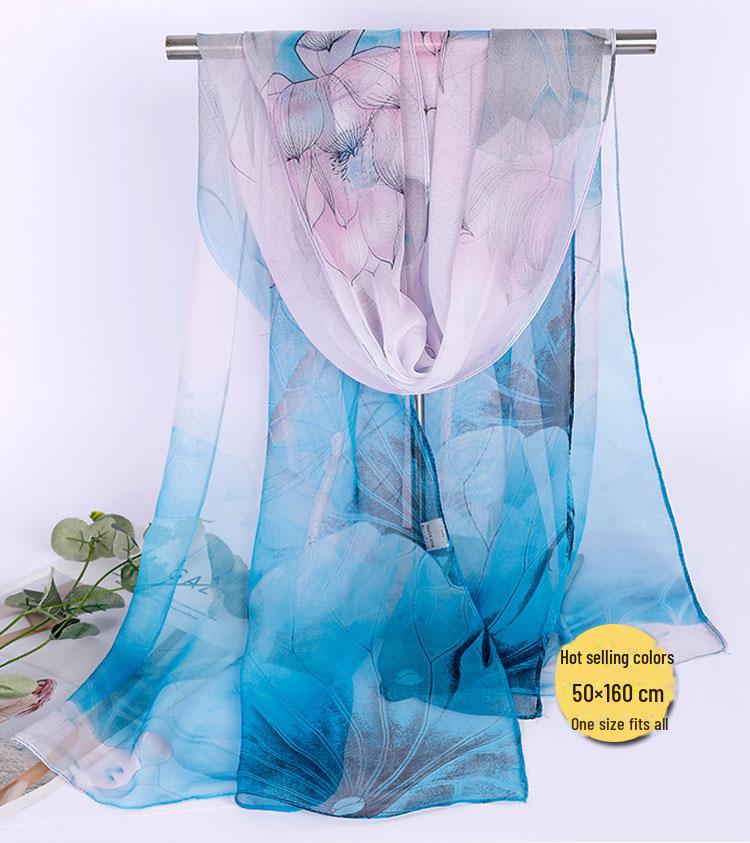 Lotus Georgette Silk Scarf: Medium-Length Printed Summer Shawl for Sun Protection and Dance, All-Match Mother Style.