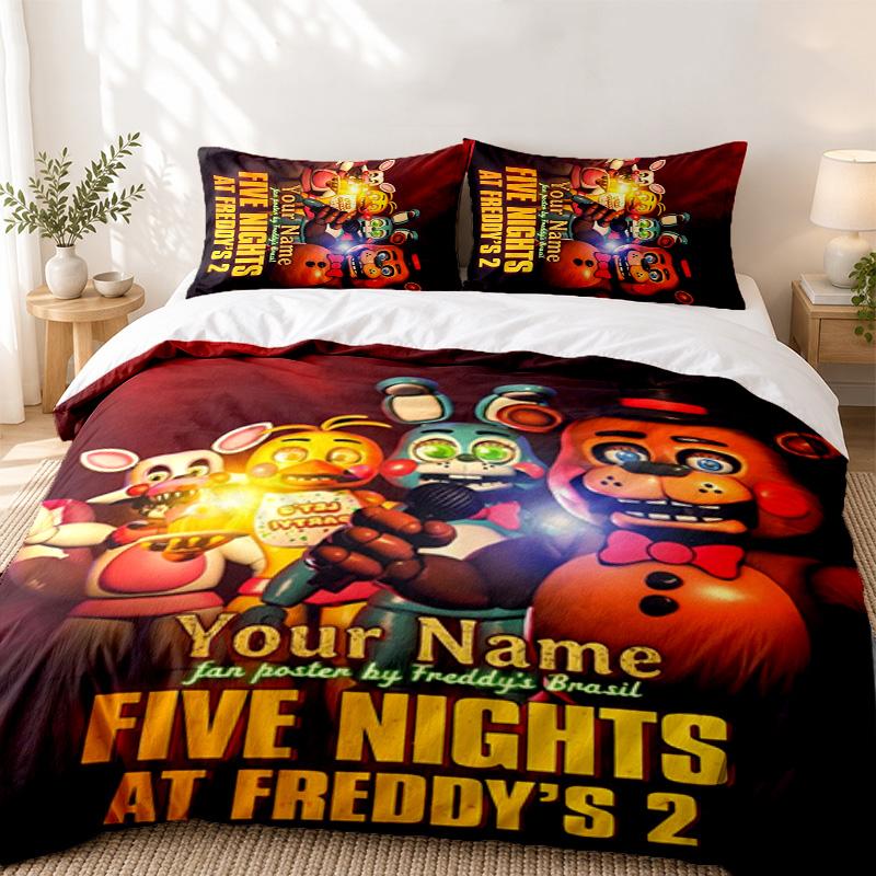 Five nights at freddy Custom Name 3pc set Perfect for bedroom use Comfortable bedding set includes a duvet cover and two pillowcases Ideal birthday or