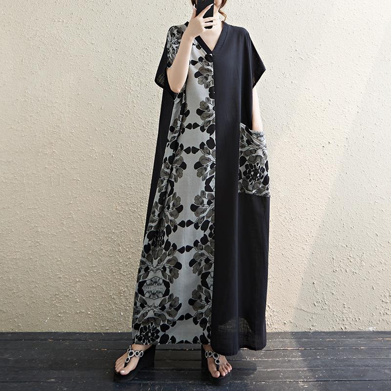 Хлопково-льняное художественное ретро-платье с V-образным вырезом, которое скрывает фигуру и стройнит. Женское длинное платье с короткими рукавами и цветными блоками.