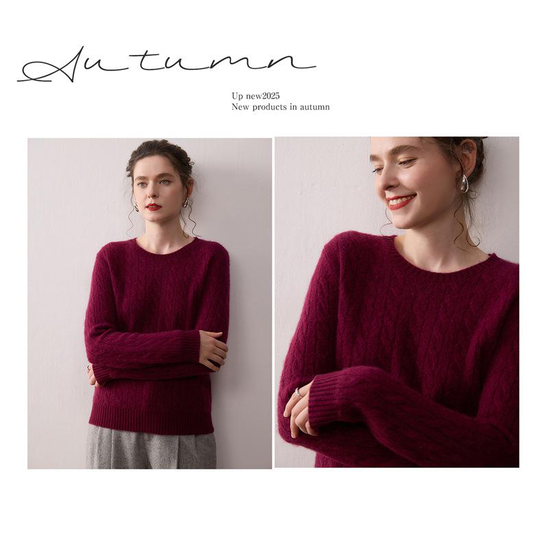 Women's Cashmere Sweater: Cable Knit, Round Neck, Thickened Twist, Loose Fit, Casual Base Layer for Autumn & Winter.