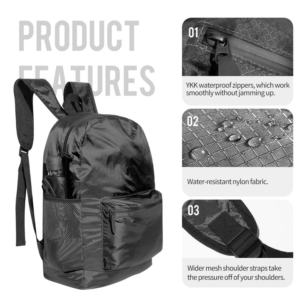 [pack All] Lightweight Backpack, Foldable, Water-repellent, Hiking Daypack, 18L, Compact, Outdoor, Travel, Convenient Item (black)