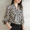 Elegant Ladies Shirts Black and White Printed Blouse Female Spring V-neck Ribbon Design Sense Niche Temperament Long-sleeved Shirt Female Clothes