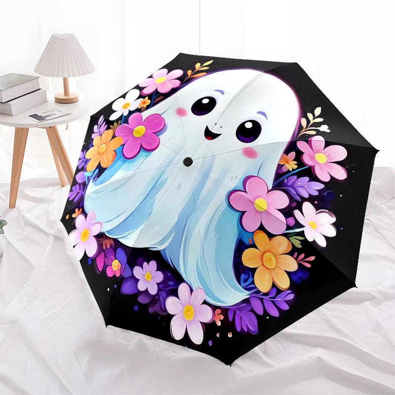 1pc Cute Ghost with Flowers Umbrella with Plastic Handle,Suitable for All Seasons UmbrellaPT585