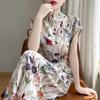 2024 Summer Women's Printed Acetate Satin Dress: Half-High Round Neck, Short Sleeve, Tie Waist