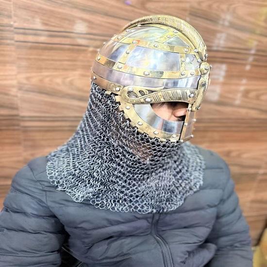 Medieval Viking Helmet Norse Warrior Armor Helmet with Chainmail  18 Gauge Steel  Brass, Polished Finish