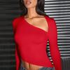 European and American Style Women's Sexy Red Slant Neck Crop Top - Long Sleeve Autumn/Winter T-shirt
