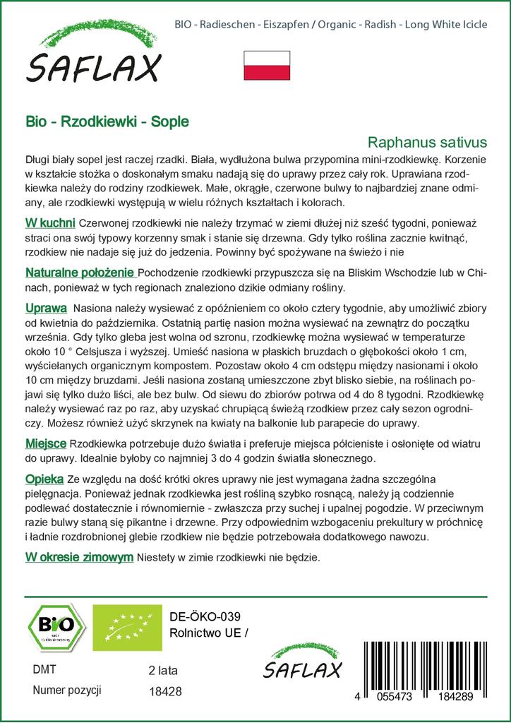 SAFLAX Сад в сумке - Органический - Редис - Длинная белая сосулька - 100 семян - С субстратом в подходящем стоячем мешке - Raphanus sativus