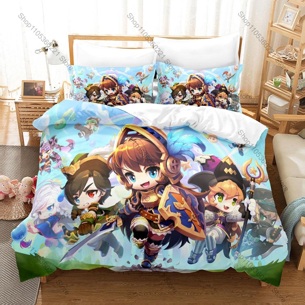 MapleStory 3Pcs Bedding Set Duvet Cover 2 Pillowcases Adele Mercedes Chibi Warrior Cartoon Graphic Breathable Dorm Bed Linen