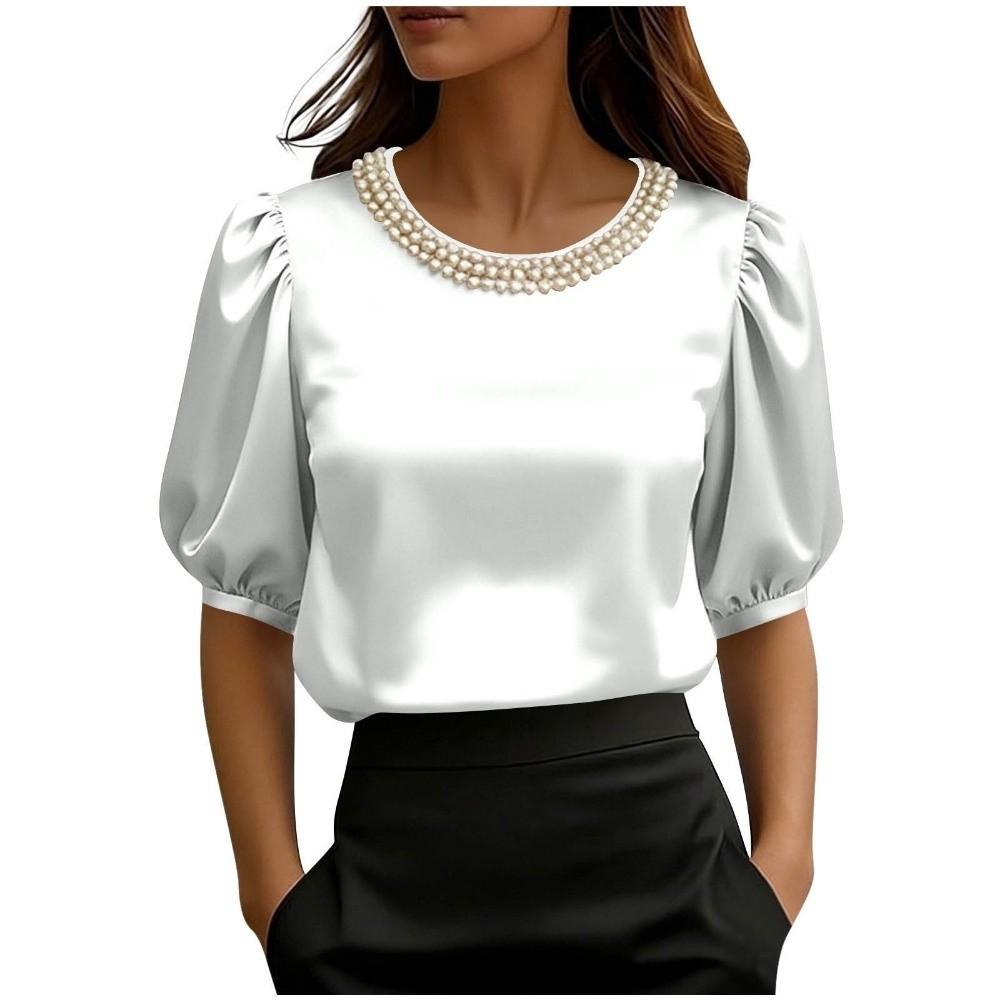Elegant Pearl Collar T-Shirt Loose Women's Tops Comfortable Satin Silk T-Shirt Office Dress