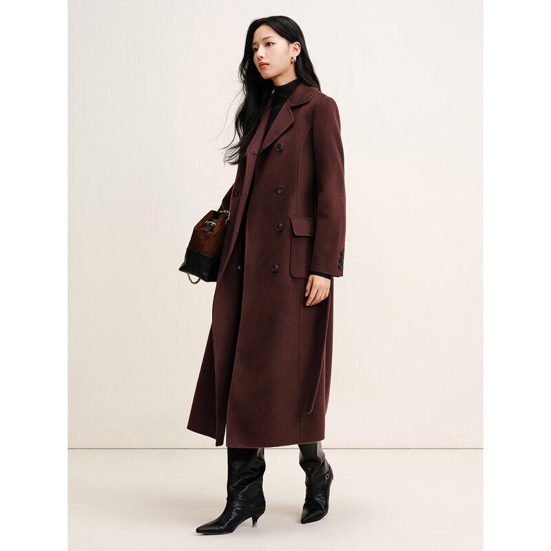 JUZUI Women's Elegant Waist-Cinching 100% Wool Long Coat
