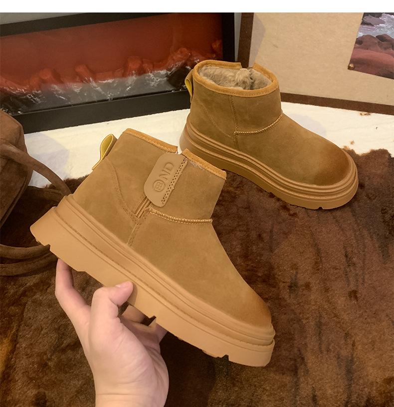 Теплые нескользящие увеличивающие рост белые зимние сапоги на толстой подошве женские 2025 новые зимние с коротким голенищем с напуском утолщенные хлопковые туфли