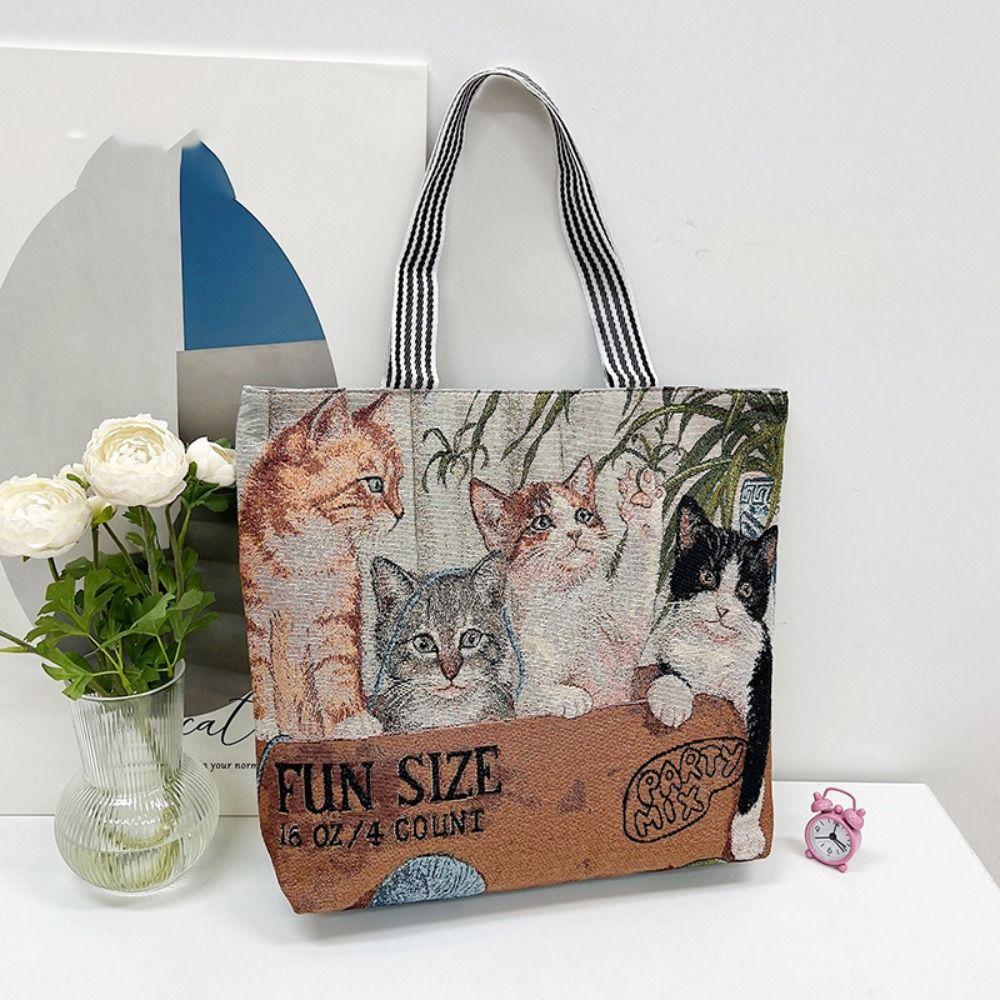 Large Capacity Cute Cat Cloth Bag Dog Animal Shoulder Bag Casual Ethnic Style Handbag Ladies
