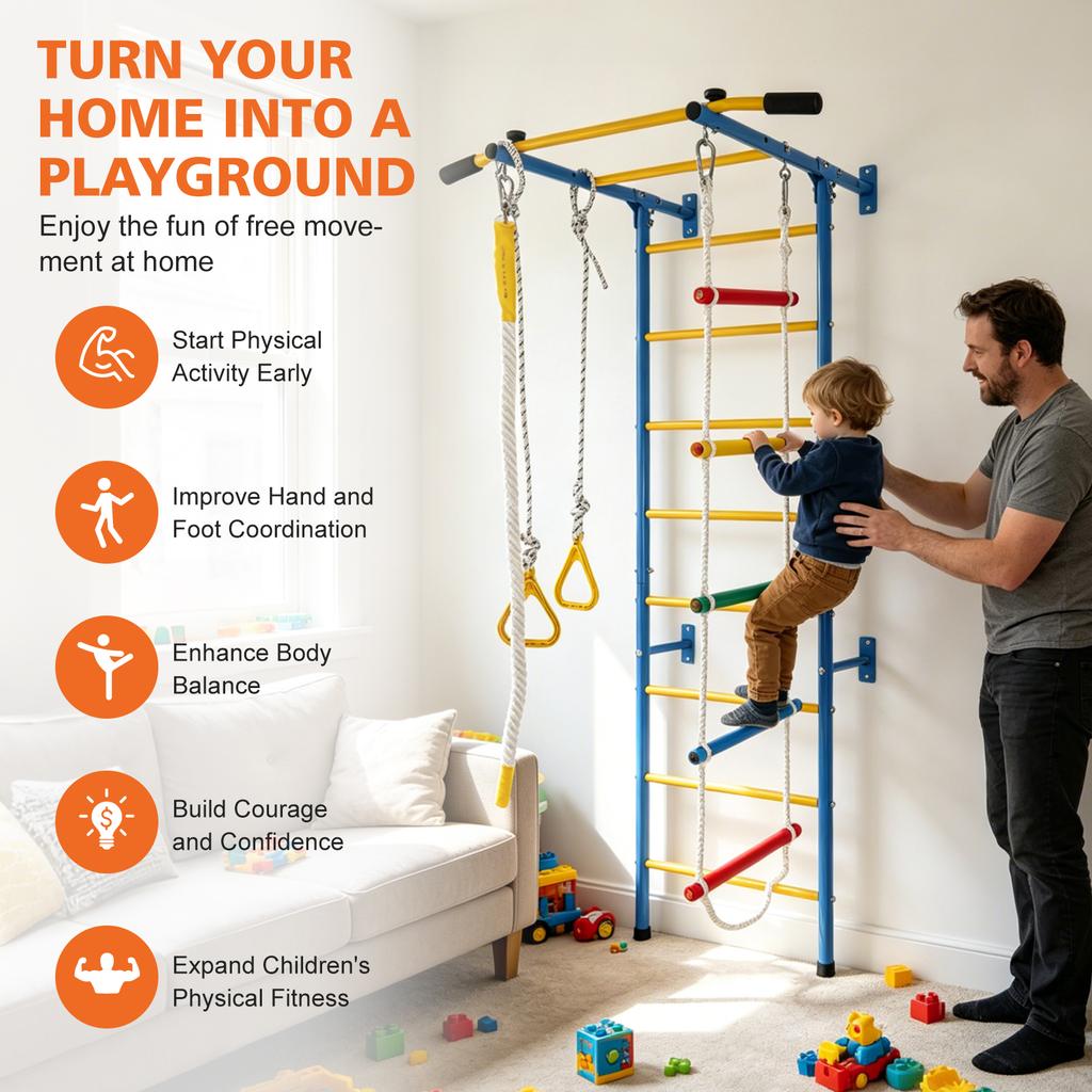 5 in 1 Climbing Toys for Toddlers, Indoor Kids Gym for Exercise, Steel Ladder Wall Set with Pull-up Bar, Rope, Gymnastic Rings, Boys Girls Gift
