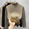 Thickened and Velvet Long-sleeved Inner with Autumn and Winter Striped Warm Top Women's Sweater Classic Stripe Ruffle Collar Women Slim Warm