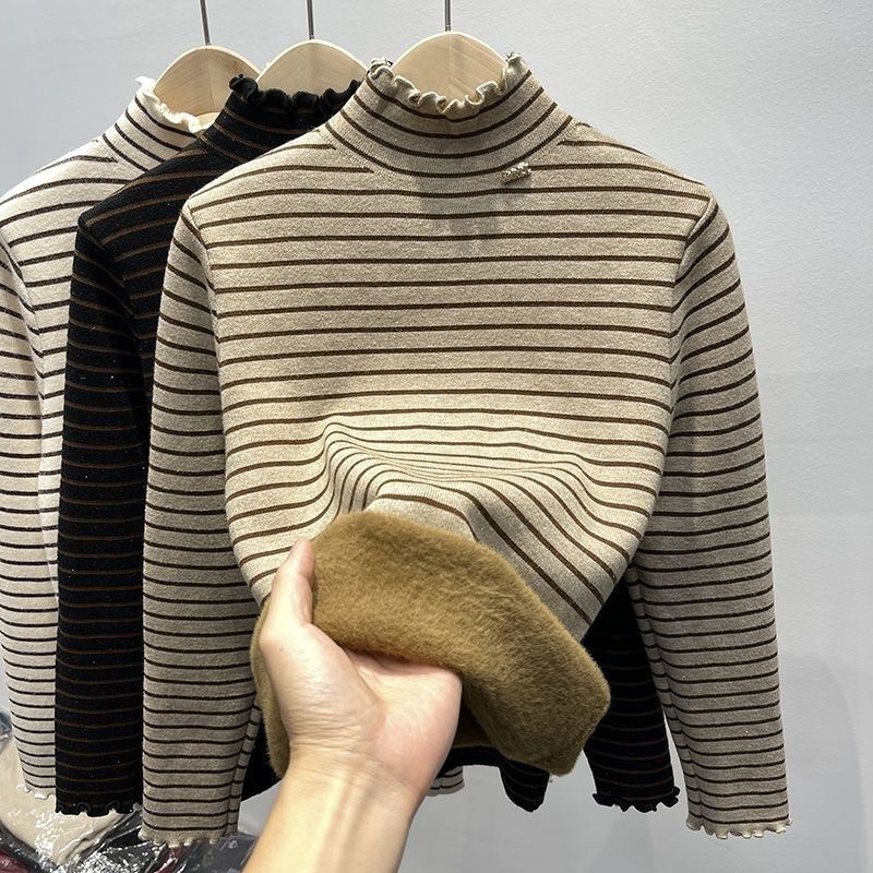 Thickened and Velvet Long-sleeved Inner with Autumn and Winter Striped Warm Top Women's Sweater Classic Stripe Ruffle Collar Women Slim Warm
