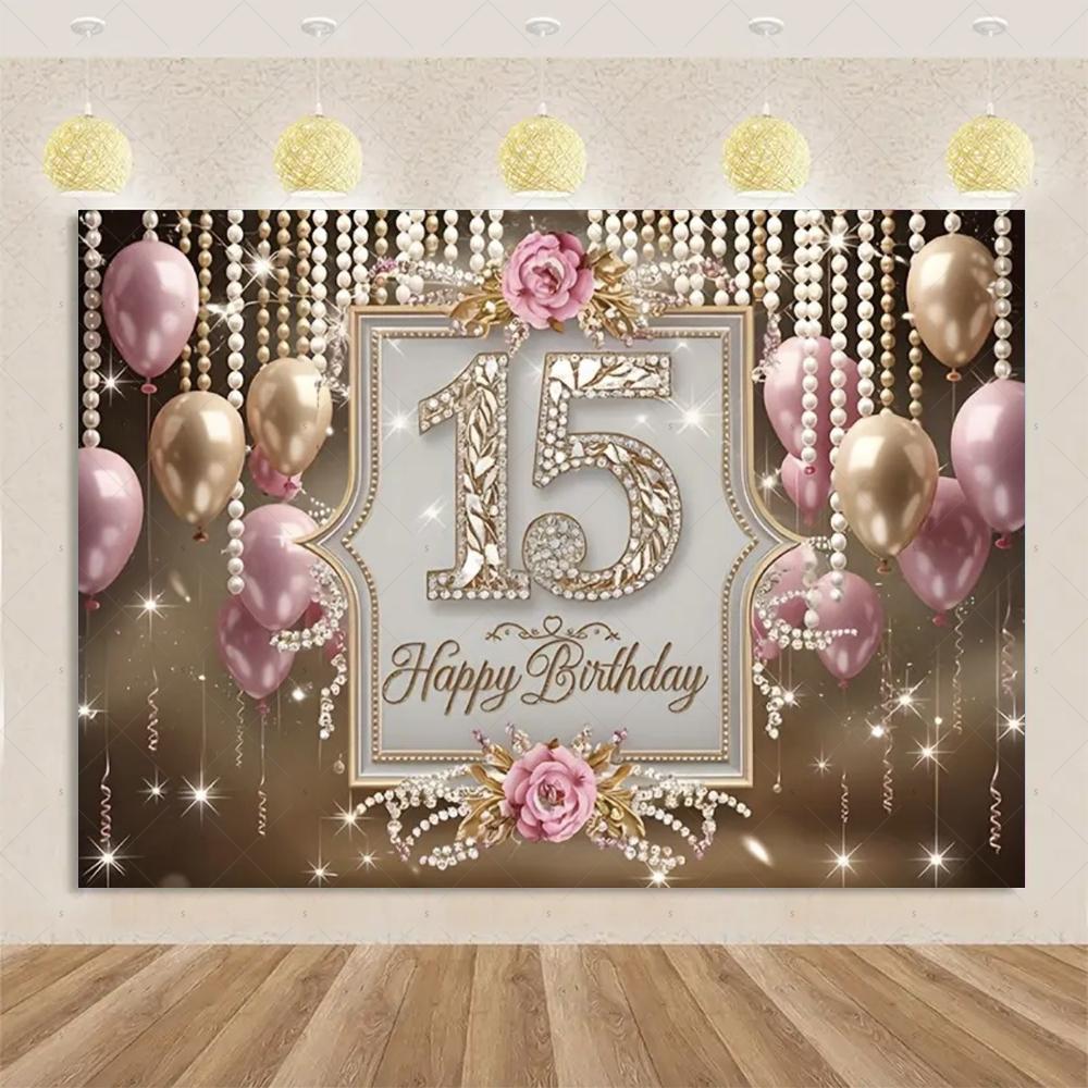 15th Birthday Theme Backdrop Black Gold Glitter Balloon for Women Men Boy Girl Party Decorations Balloon Banner Photography Prop