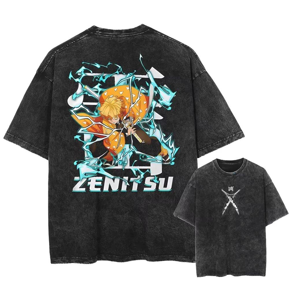 Summer New Vintage Wash Demon Slayer Anime Graphic T Shirt Nezuko Print Men Women Cotton Short Sleeve Streetwear Casual Tops