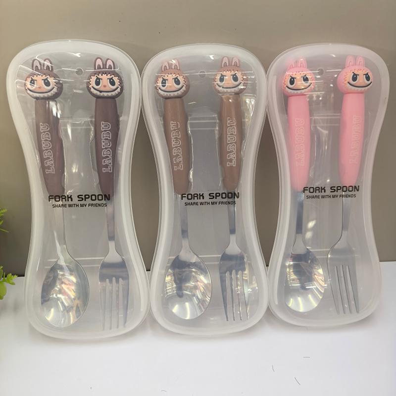 Мультяшный набор детской посуды из нержавеющей стали большого размера Labubu, набор из двух предметов, детская посуда, портативная вилка, ложка, детские товары
