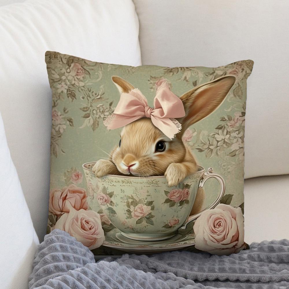 Easter Teacup Bunny Pillow Cover Vintage Floral Rose Print Soft Cozy For Sofa Bed Living Room Spring Decor Cute Gifts