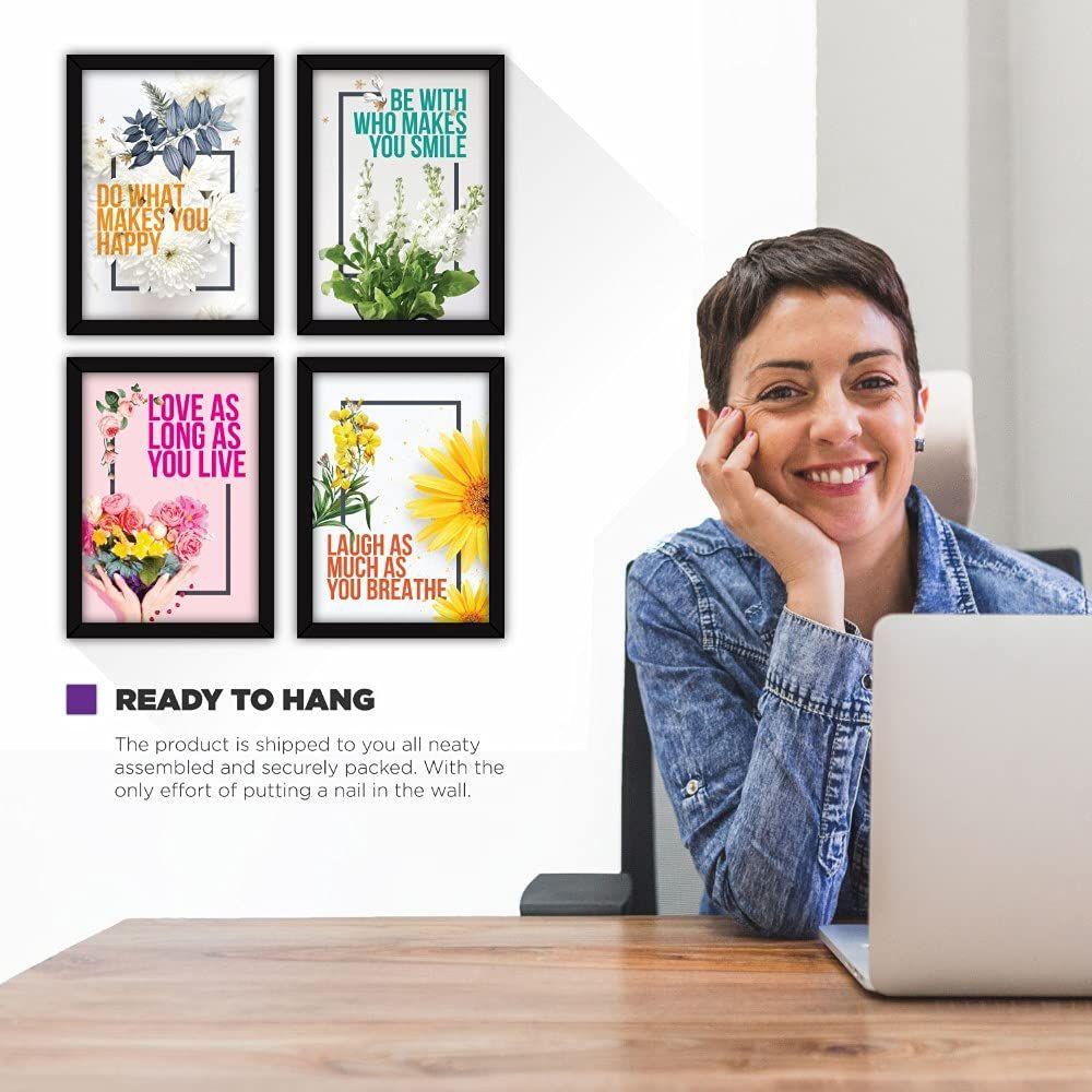 Настенные картины в рамке с вдохновляющими цитатами для офиса и дома — набор из 4 шт. — «Счастье», смола