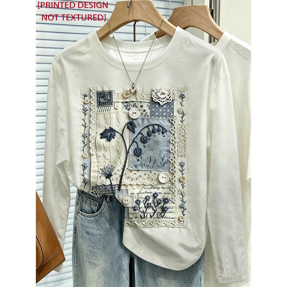 Women Long Sleeve T Shirt Patchwork Block Print Round Neck Color