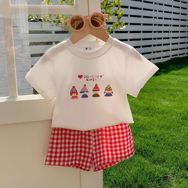 Cute Girls Summer Cartoon T Shirt And Plaid Shorts Set Baby Toddler Two Piece Outfit Casual Kids Clothing